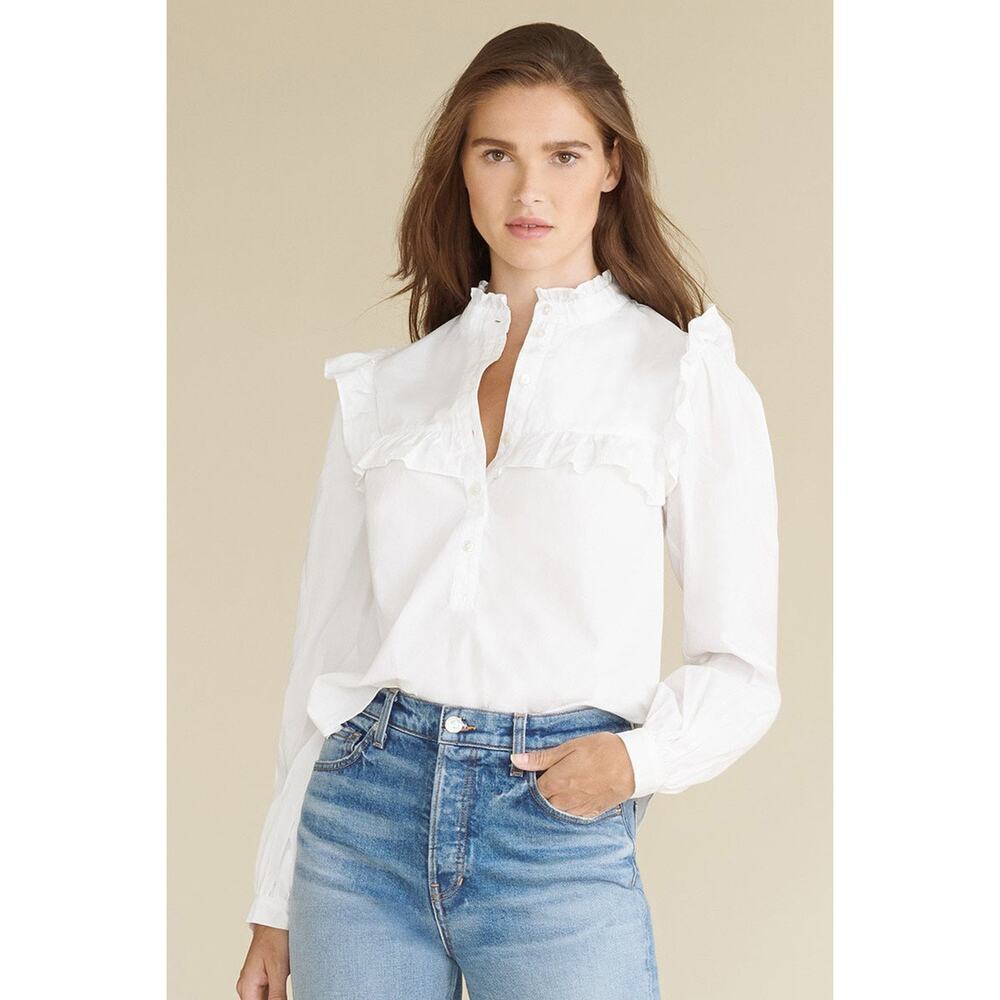 Veronica Beard Sonnet White Long Sleeve Ruffled Cotton Button Down Top Small